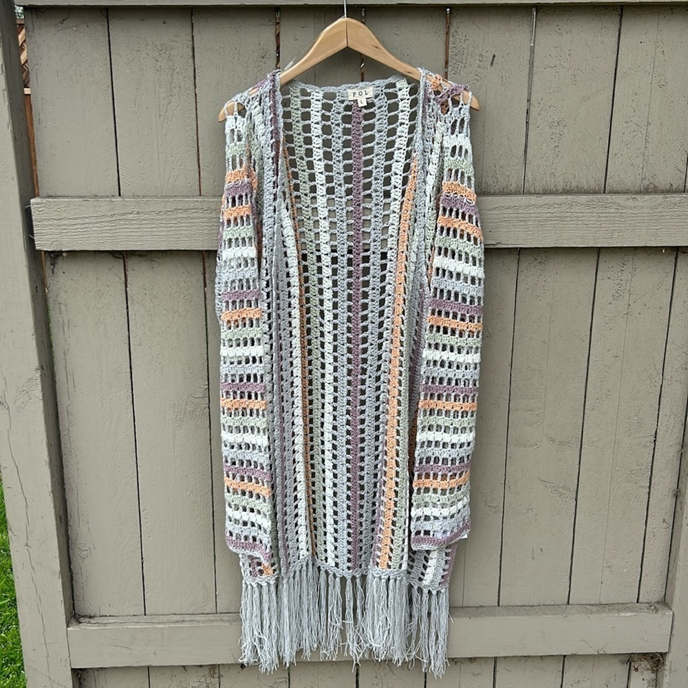Poll Open Knit Spring Long Open Front Cardigan Bohemian Spring Fringe Hippie L